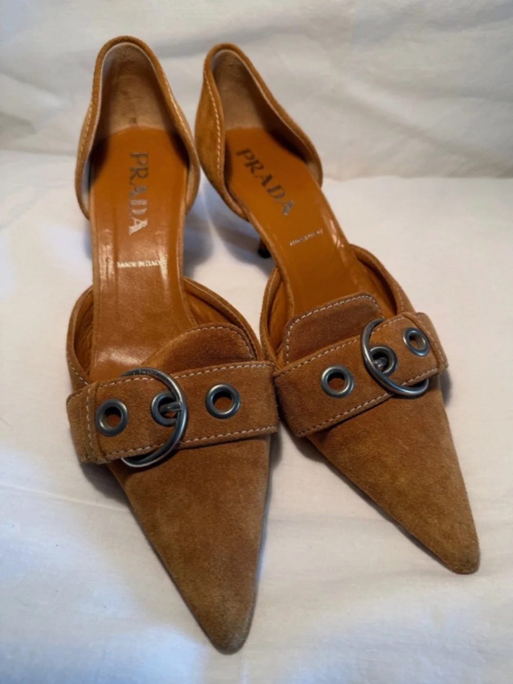 Vintage Prada S/S 2002 Brown Suede Buckle Kitten Heels Size 39